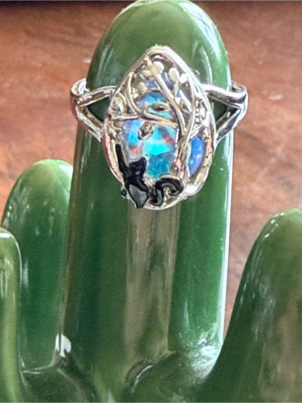 925 Sterling Silver Glass Witchy Black + Moonstone Teardrop Ring Size 8 STUNNING